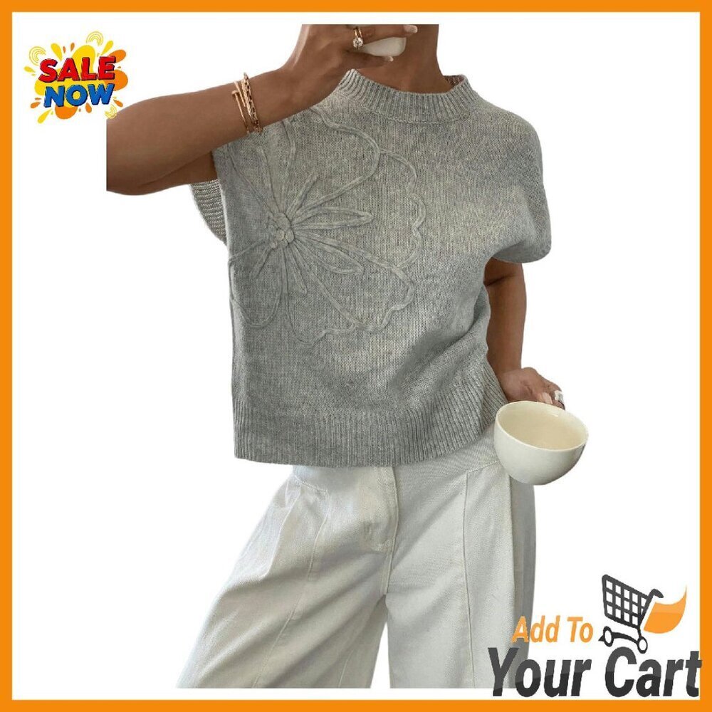 Ribbed Knit Pullover Short Sleeve Crew Neck Loose Fit Sweater